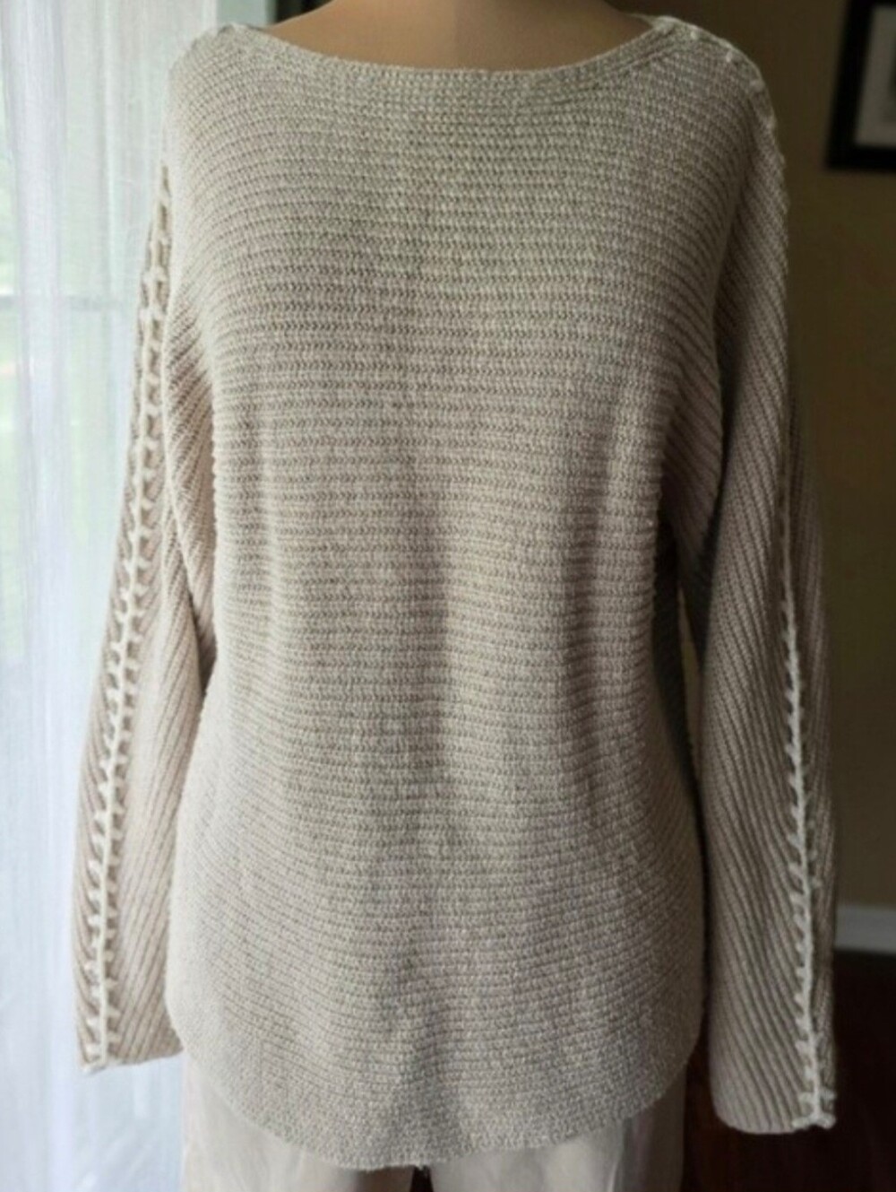 Cream Cotton Boat Neck Sweater Hand Stitched Sleeve Pure Jill J Jill Small